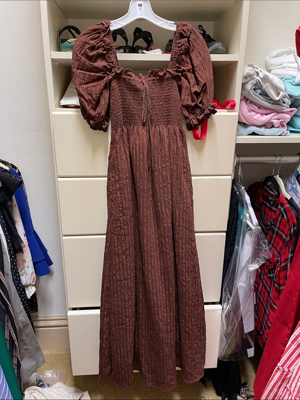Smocked Puff-Sleeve Maxi Dress in Chocolate Brown